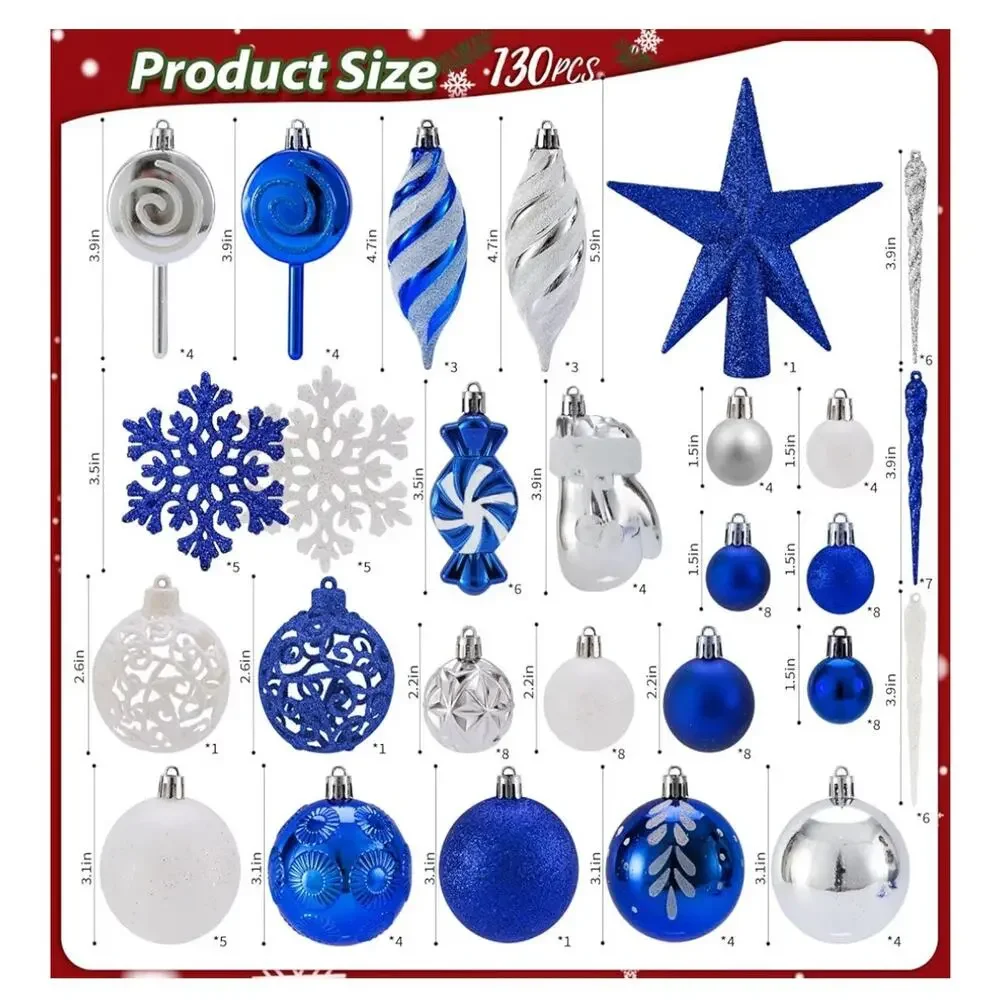 Blue White Silver Shatterproof Christmas Ornaments 130 Pc Set & Star